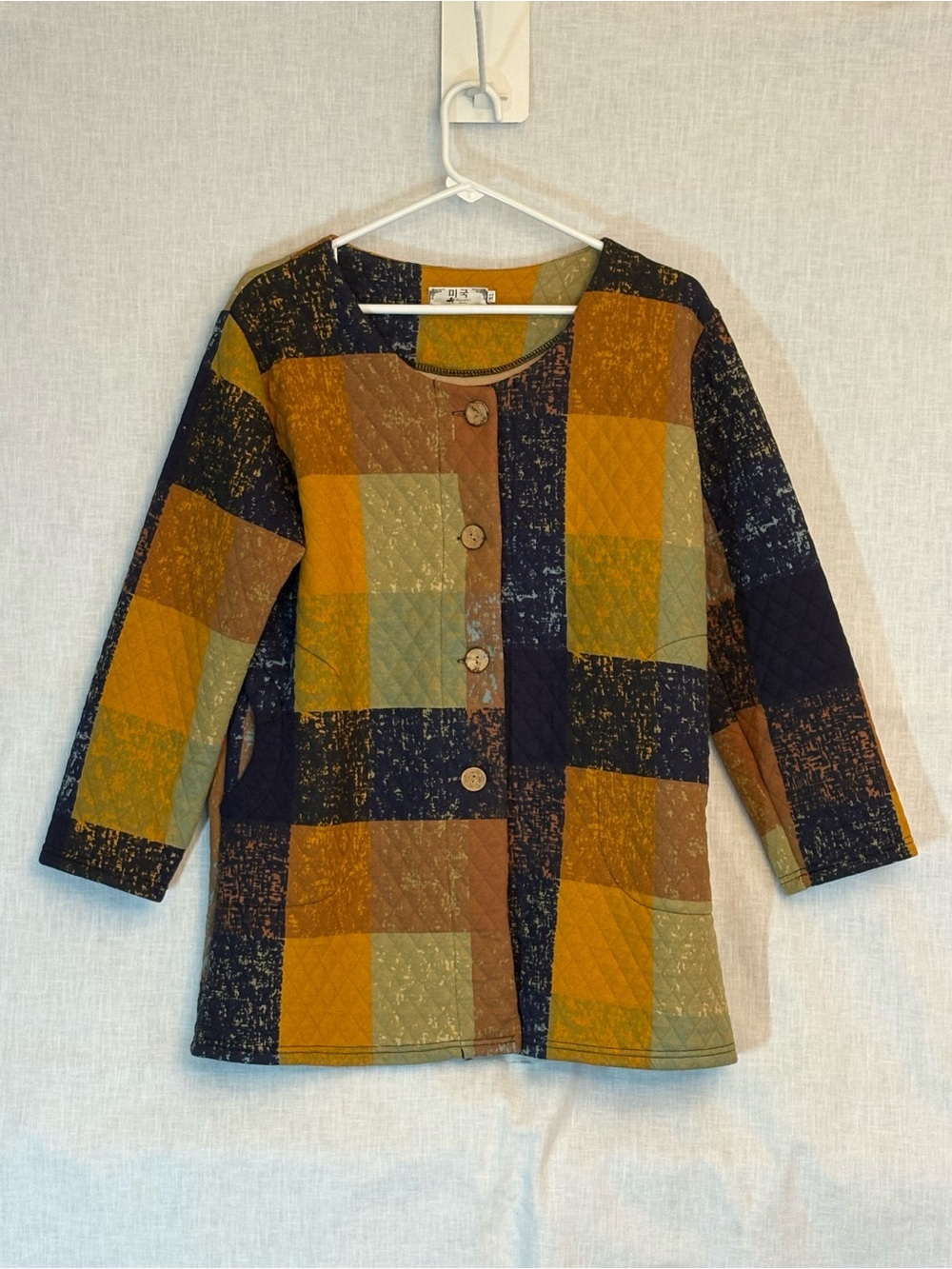 Patchwork Quilted Button-Front Jacket in Mustard, Navy & Olive